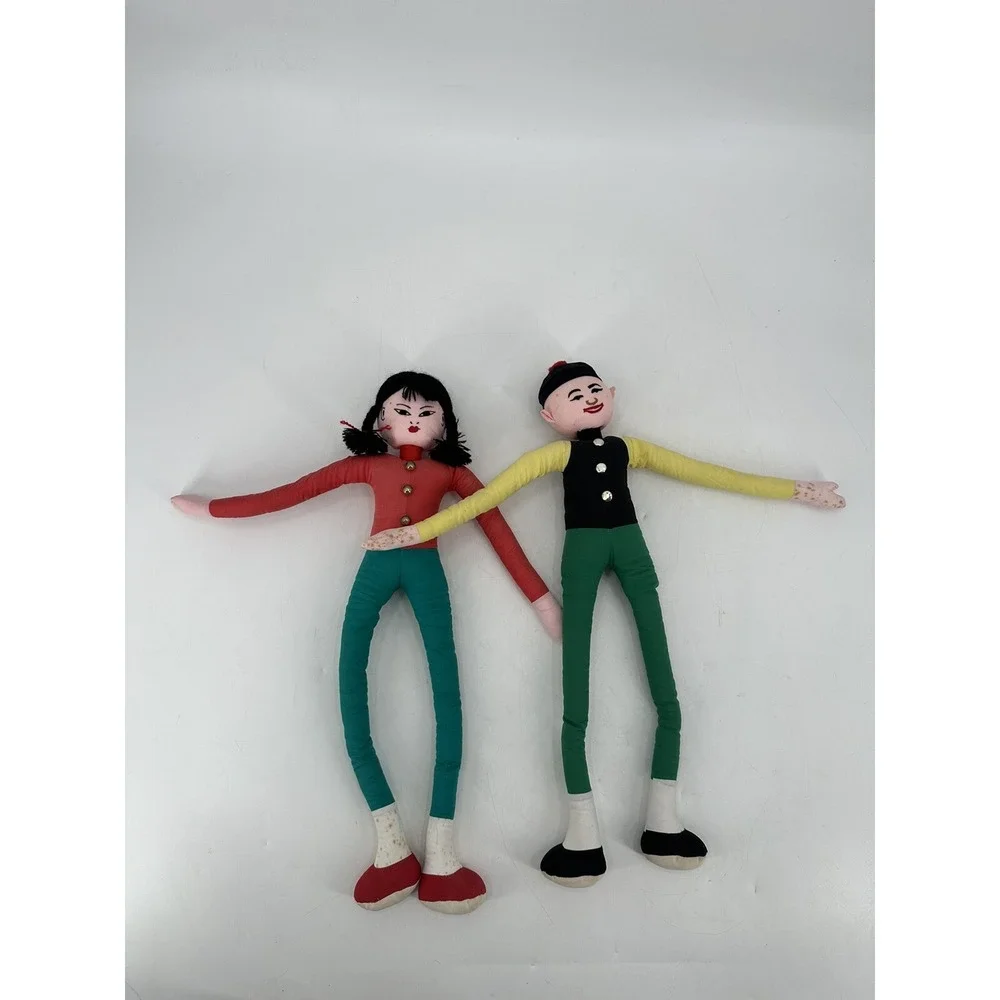 VTG Pair of Sitter Kneeler Dolls Chinese Hong Kong Cloth Girl And Boy Long Limbs